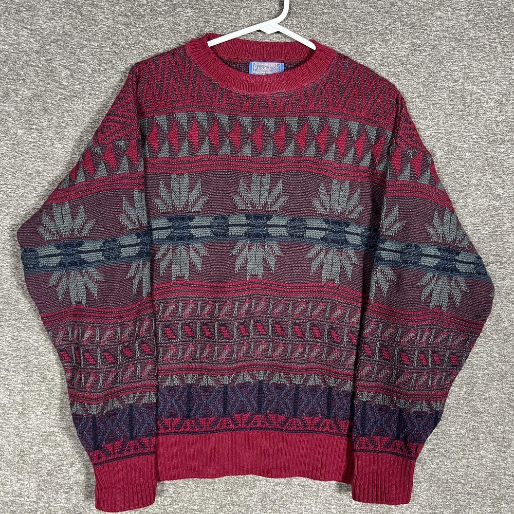 Vintage Pendleton‎ Sweater Mens Medium Red Wool Geometric Knit Made USA 90s
